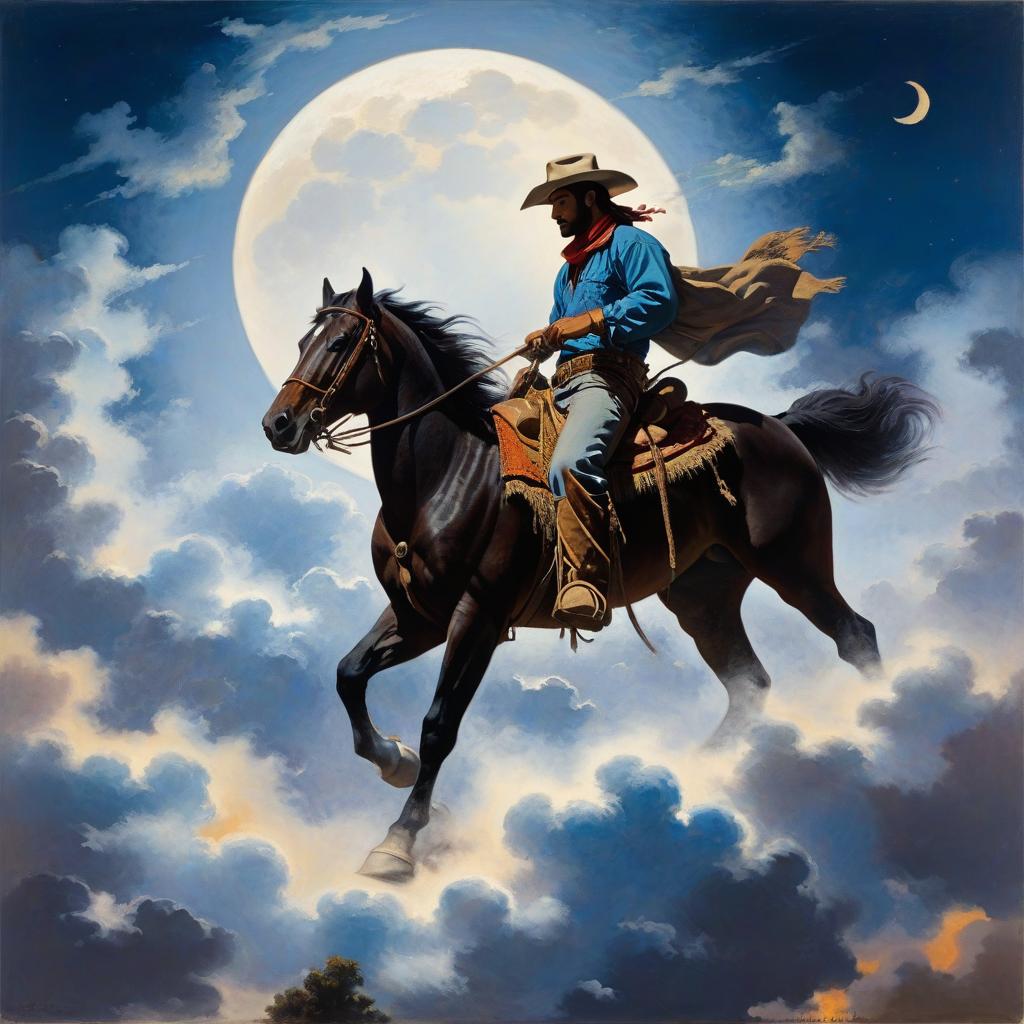  a cowboy rides a horse among the clouds dragging a bound moon, civitai