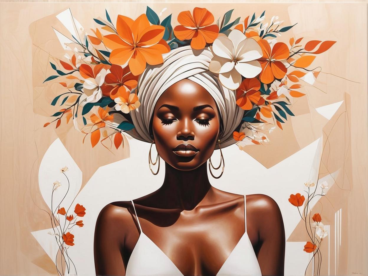  minimalism, the image features an beautiful african woman posing gracefully, adorned with flowers that cover parts of her body. the overall composition gives a sense of elegance and connection with nature., abstract, simple geometic shapes, hard edges, sleek contours, minimalism