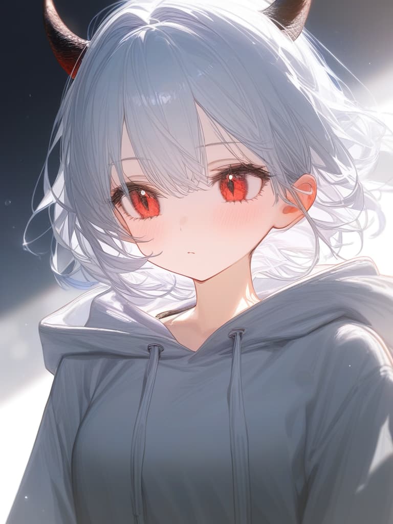  there are horns, girls, sharp ears, hinge, short hair, white hair, dragon's daughter, black horns, red eyes, hood, alone, wearing white hoodies, masterpiece, best quality,8k,ultra detailed,high resolution,an extremely delicate and beautiful,hyper detail