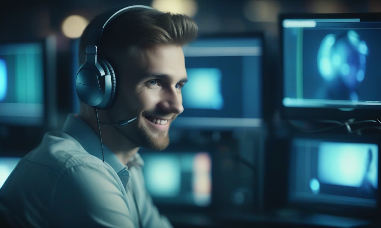  cinematic film still the programmer in headphones sits looking at the camera sitting on the side of the frame, the face close up smiles, behind holographic monitors, photorealistic shot, call center . shallow depth of field, vignette, highly detailed, high budget, bokeh, cinemascope, moody, epic, gorgeous, film grain, grainy