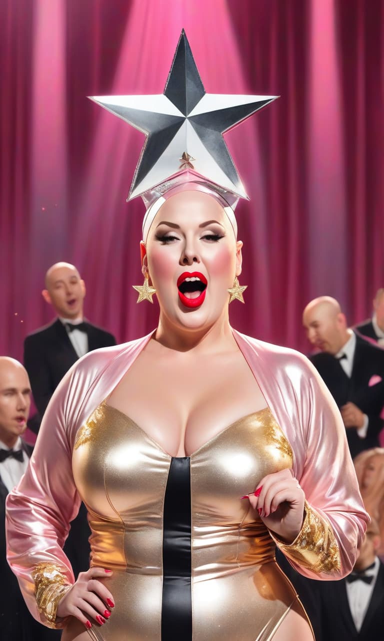  concept art pink, gold, black, white on stage performs a bald fat woman red lips in a silver swim cap there's a star on her head . digital artwork, illustrative, painterly, matte painting, highly detailed, perfect hands