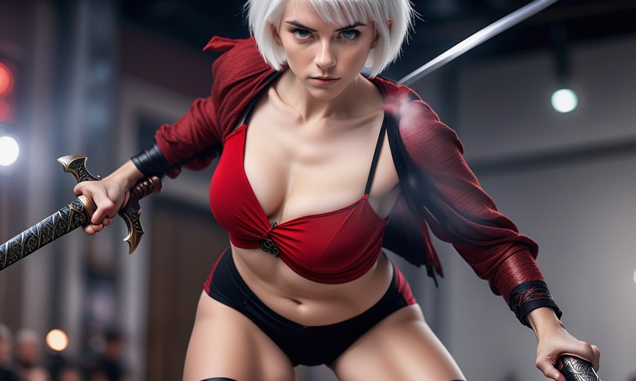  cinematic photo , behind a sword, short haircut, white hair, big , red top, short black shorts. . 35mm photograph, film, bokeh, professional, 4k, highly detailed, perfecteyes