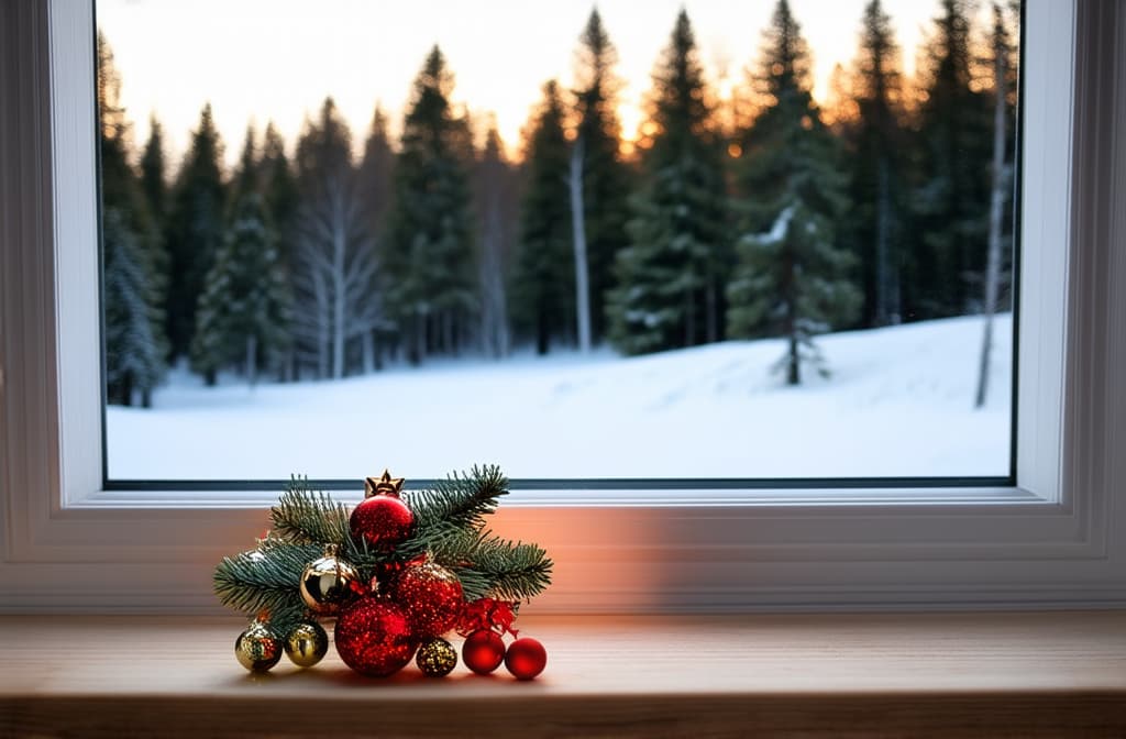  professional detailed photography, christmas decorations lie on the windowsill overlooking the morning winter forest outside the open window with a white frame. ar 3:2, (muted colors, dim colors, soothing tones), (vsco:0.3)