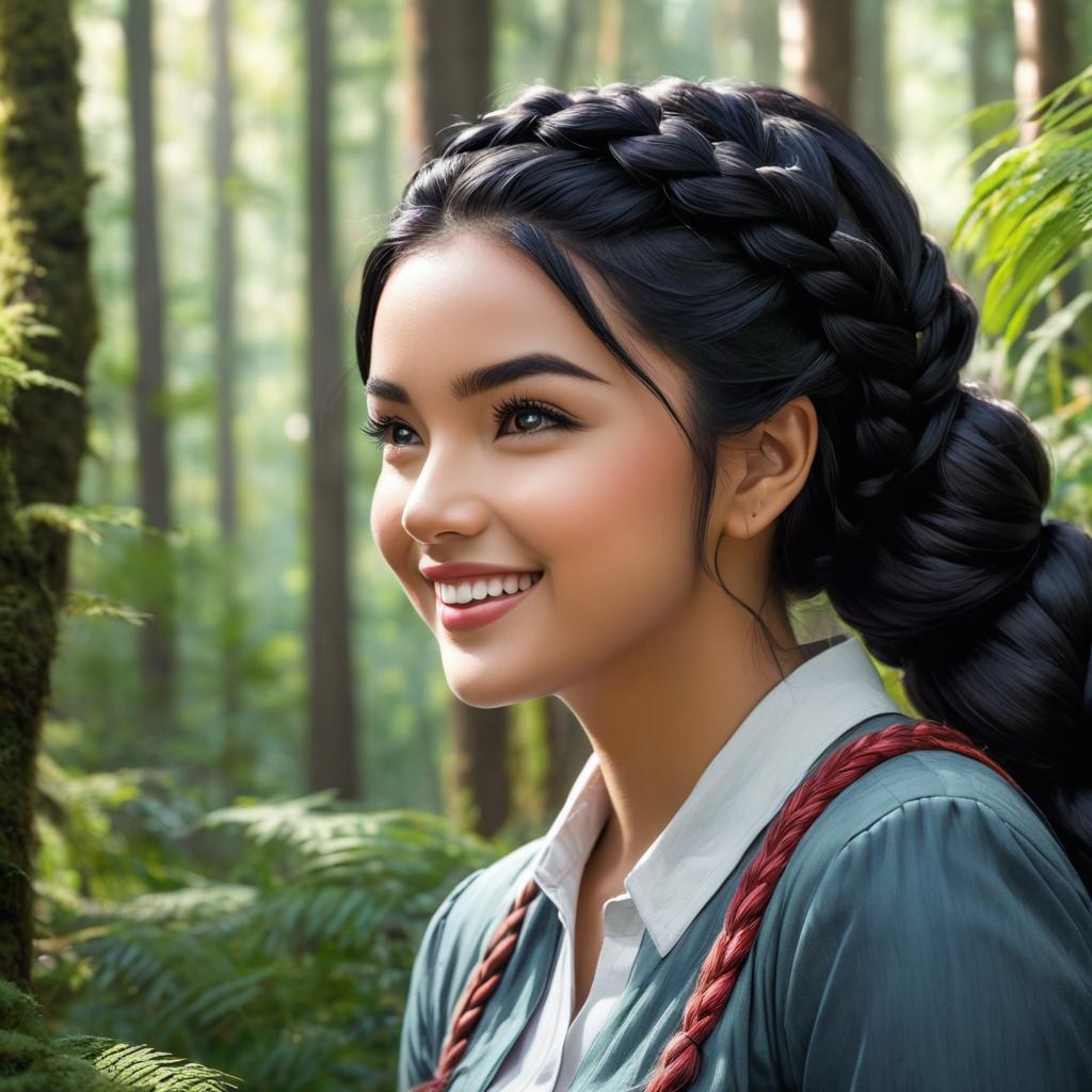  1 young woman, black hair, 1 braid, blind on an eye, in the forest, laughing evil, award winning, professional, highly detailed, masterpiece