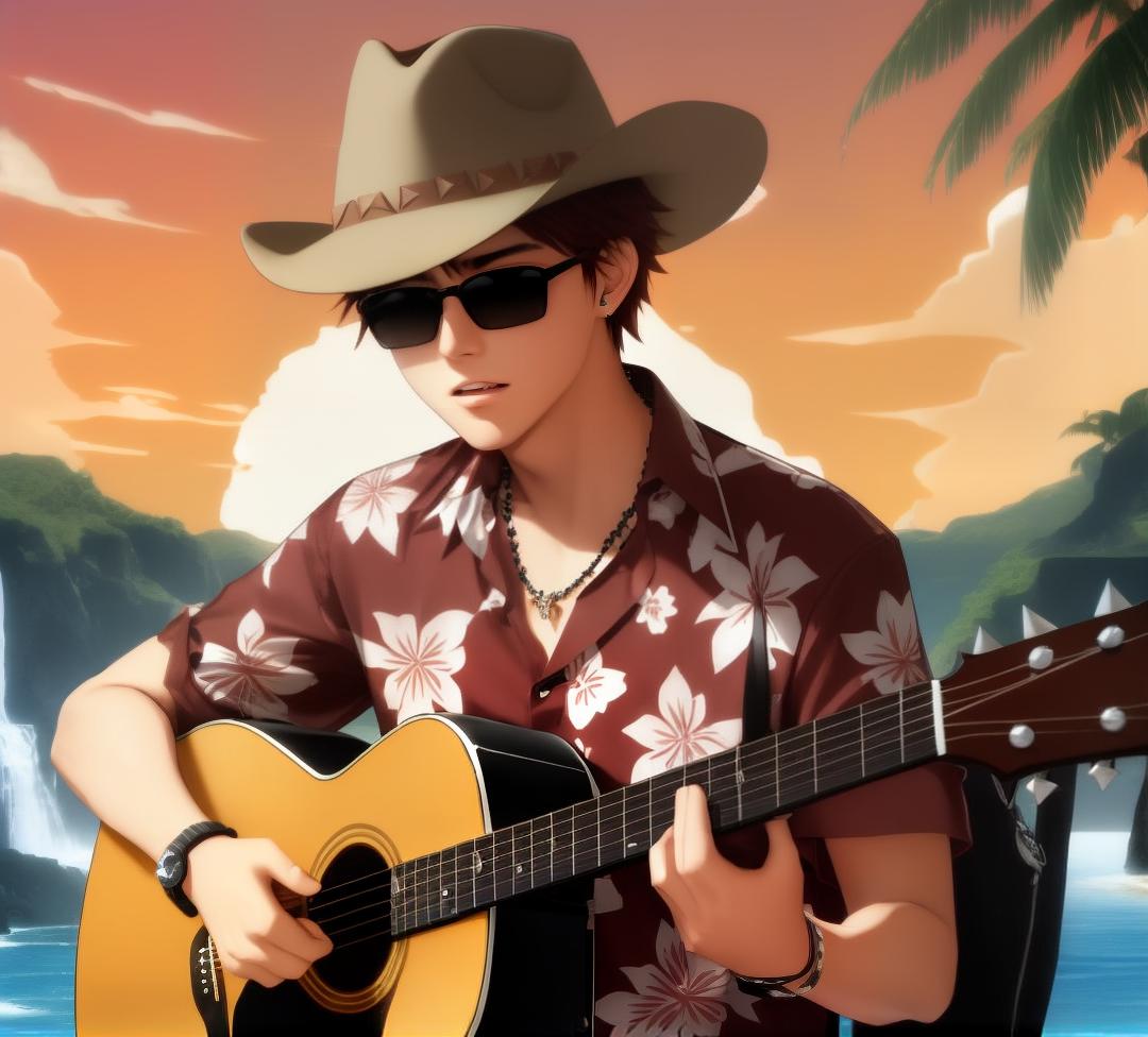  a 17-year old male musician with magical wind and water manipulation powers with short spiky dark red hair, blue eyes, and sunglasses wearing a dark brown Hawaiian shirt with a floral pattern, khaki shorts, flip-flops, a necklace, a tattoo on his left forearm, and a brown western cowboy hat playing a guitar on the beach with a waterfall with an angry expression on his face., ((best quality)), ((masterpiece)), highly detailed, absurdres, HDR 4K, 8K