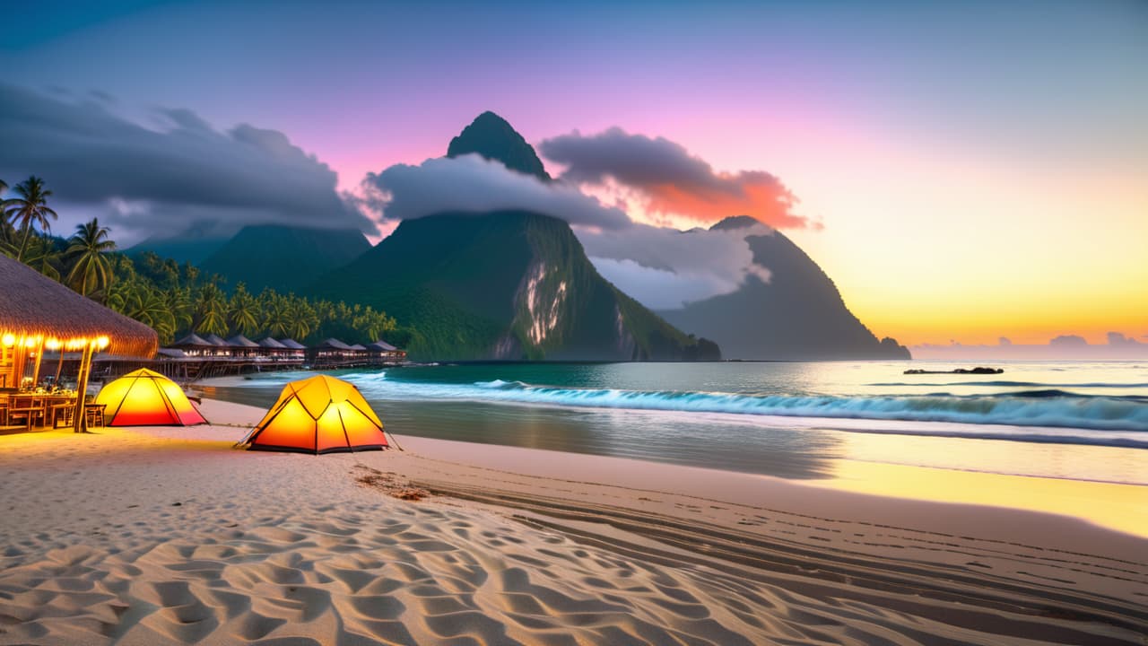  a vibrant collage of budget friendly travel scenes: a sunlit beach in southeast asia, a bustling market in south america, lush green hills in eastern europe, and a cozy campsite under a starlit sky. hyperrealistic, full body, detailed clothing, highly detailed, cinematic lighting, stunningly beautiful, intricate, sharp focus, f/1. 8, 85mm, (centered image composition), (professionally color graded), ((bright soft diffused light)), volumetric fog, trending on instagram, trending on tumblr, HDR 4K, 8K