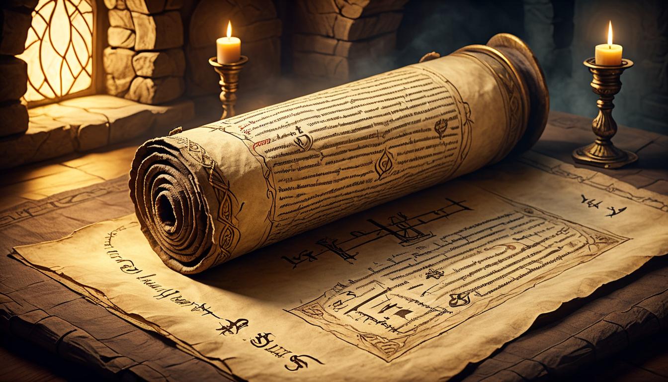  on parchment, surrealism+++, ancient scroll with glowing runes, unfurling in a dark room, warm golden light emanates from the text, shadowy corners, wisdom, spiritual illumination(mysterious, provocative, symbolic,muted color)+++