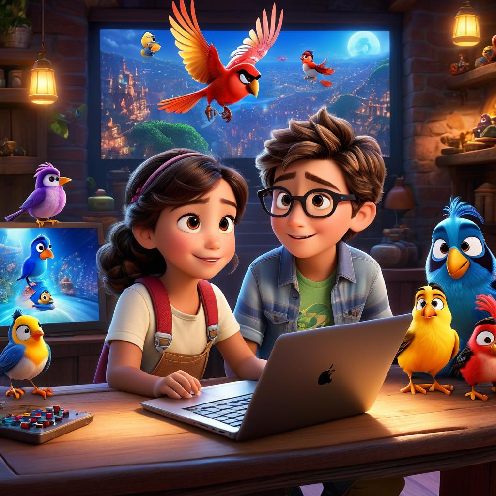  in 3d animated movie style. disney pixar style. hunain, 6, in casual attire, deeply focused on laptop game, characters coming to life on screen. high resolution pixar 3d animated film style, vivid colors and intricate details, bright and soft lights creating a warm, magical atmosphere. engaging bird's eye view to capture immersion in gaming world.