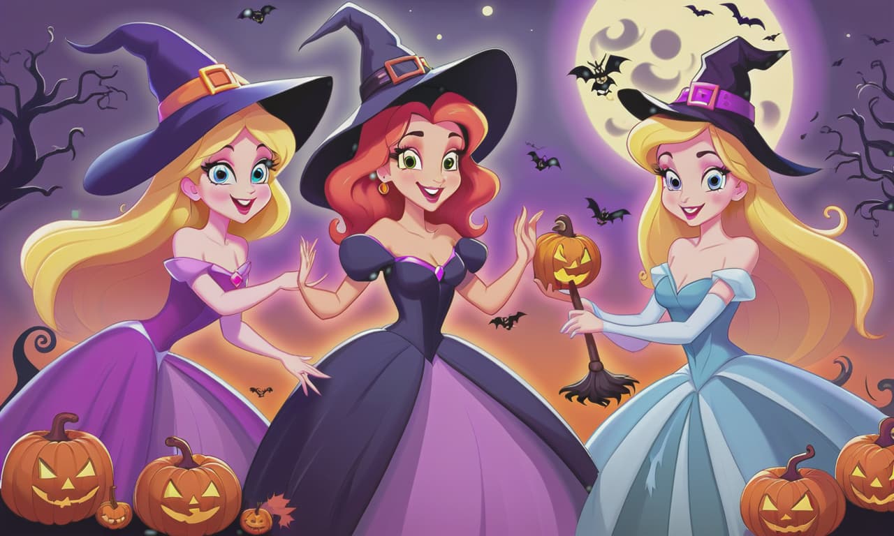  cartoon princesses playing with witches