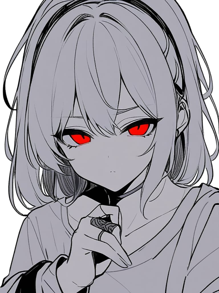  lineart, gray hair, male, red eye, throat buddha, sister clothes, black clothes, ring on the head,