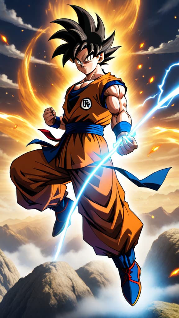  anime art: goku from dragon ball gathers energy for a universe shaking spirit bomb from all beings. hyperrealistic, full body, detailed clothing, highly detailed, cinematic lighting, stunningly beautiful, intricate, sharp focus, f/1. 8, 85mm, (centered image composition), (professionally color graded), ((bright soft diffused light)), volumetric fog, trending on instagram, trending on tumblr, HDR 4K, 8K