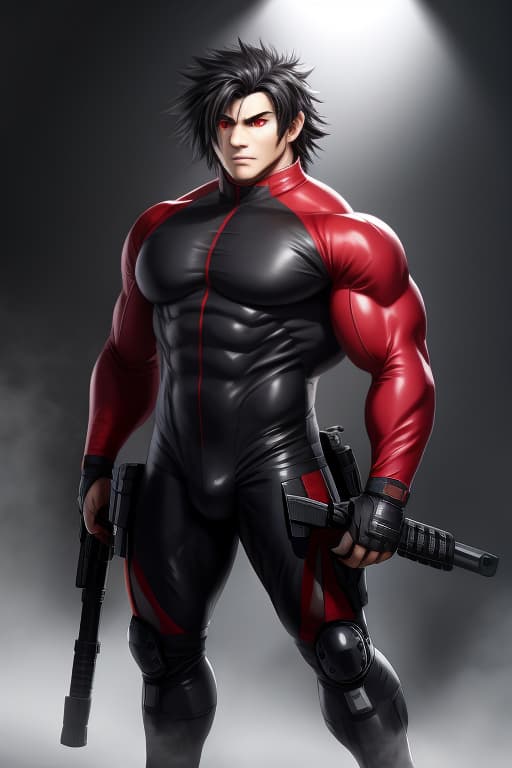  Anime, Male, Big muscles, Black messy hair, Bright red eyes, Skintight suit, tactical gear, weapon, open eyes, digital art, masterpiece, 4k, fine details,