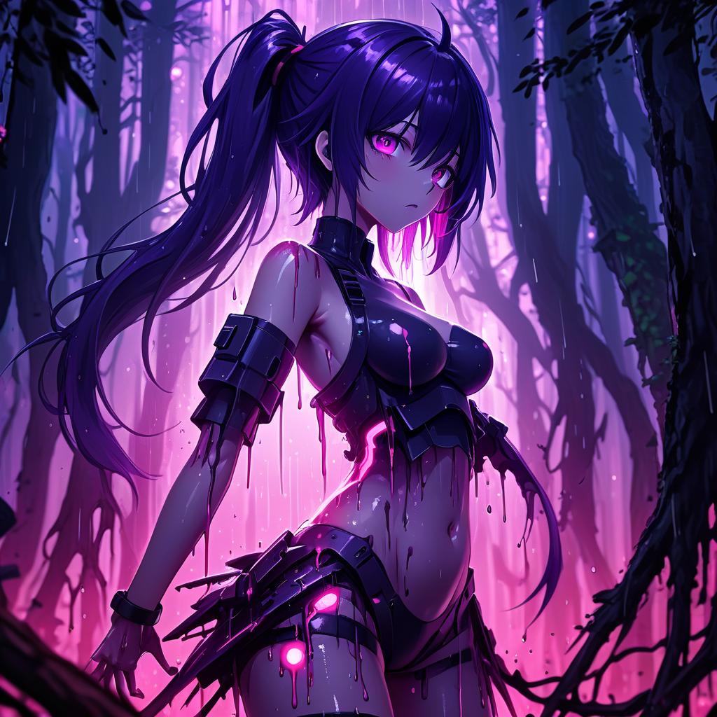  a woman standing in the middle of a forest, dark purple hair and cybernetics, nightcore, pink shadows, black goo, by maki haku, torrential rain of blood, sona, (art station), destruction around her, removed watermarks, halation, deep lighting