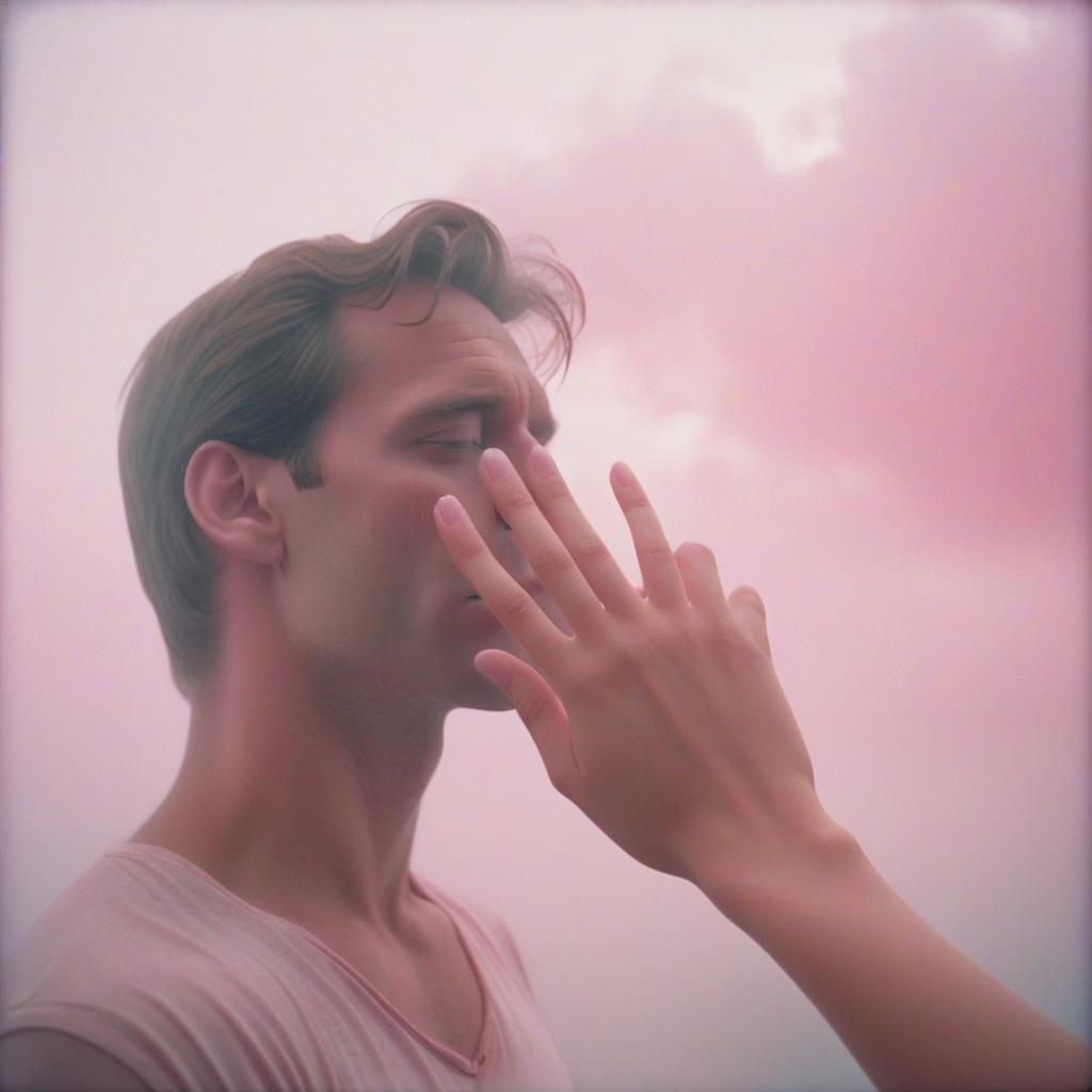  analog film photo the girl's hand touches the man's face, pink and white shades, light fog, clouds in the background, a room in pastel shades. . faded film, desaturated, 35mm photo, grainy, vignette, vintage, kodachrome, lomography, stained, highly detailed, found footage