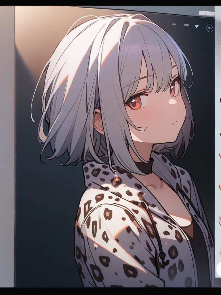  (beautiful leopard girl:1.7)(blunt bangs:2.0)(fangs:2.0)(in leopard print jean jacket:1.5)(close up of upper body)masterpiece,high quality,16k,super analysis