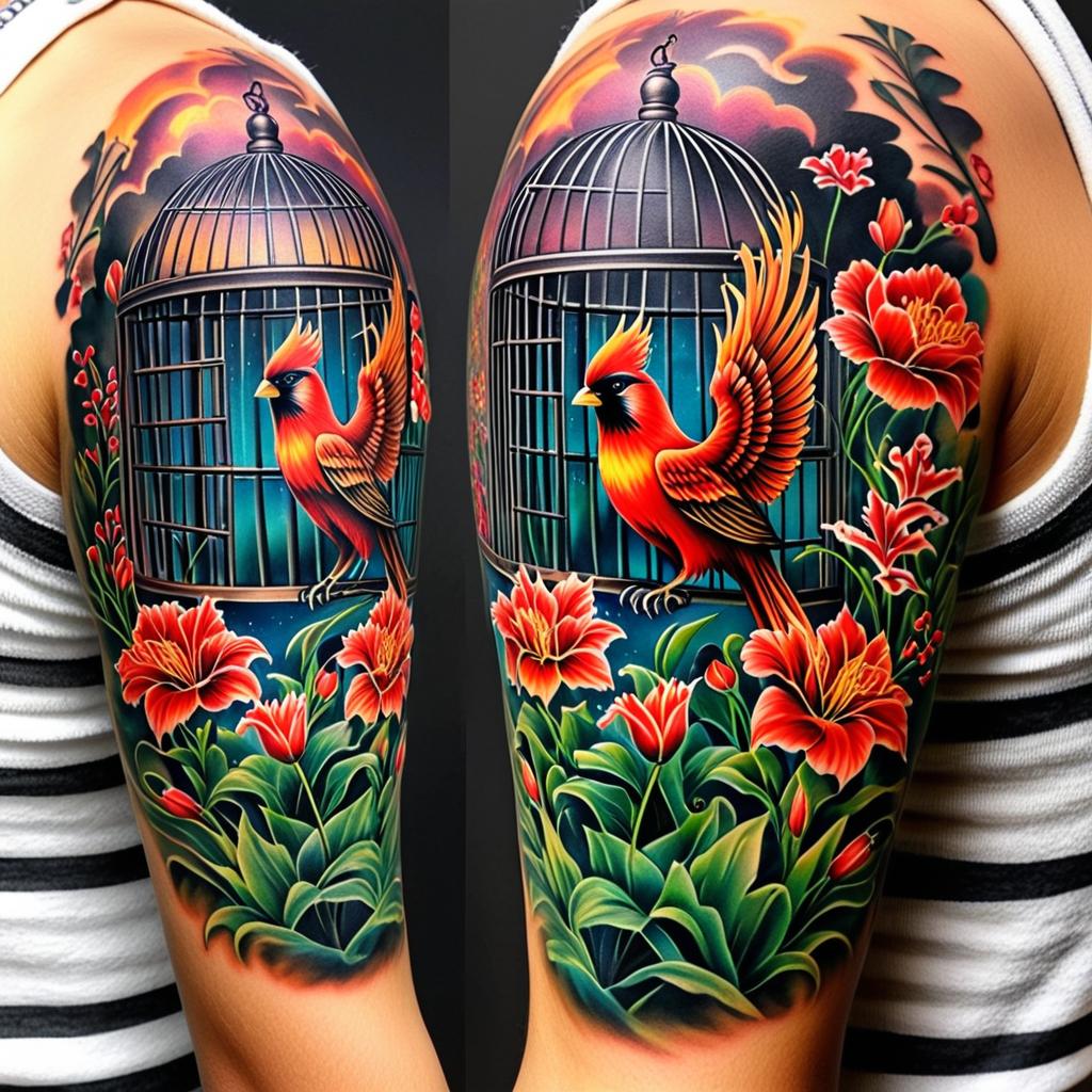  burning phoenix and an empty bird cage surrounded by lillies and carnations, (tattoo), (sleeve tattoo design on the arm)