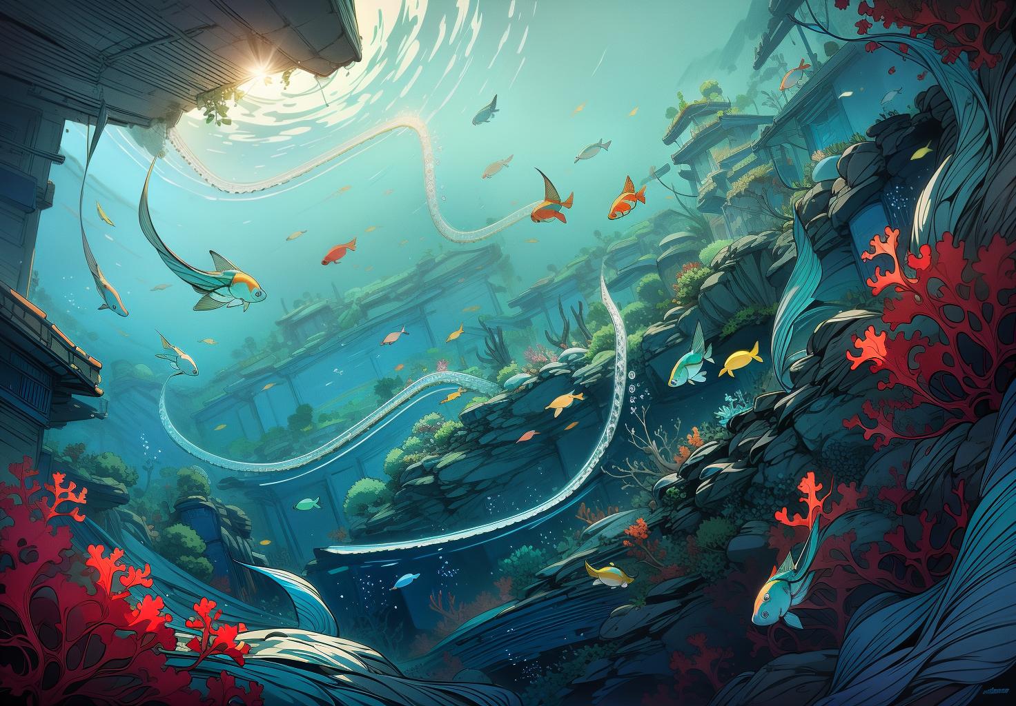  best quality, masterpiece, elegant line art, blue theme, fish, solo, dynamic lines, intricate line work, smooth and flowing lines, artistic composition, high detail, exquisite design, harmonious, vibrant and dynamic, 8k resolution, crisp and clear, minimalist, refined line art, graceful fish, colorful coral, lush water plants, underwater scenery, detailed background elements, vibrant aquatic environment