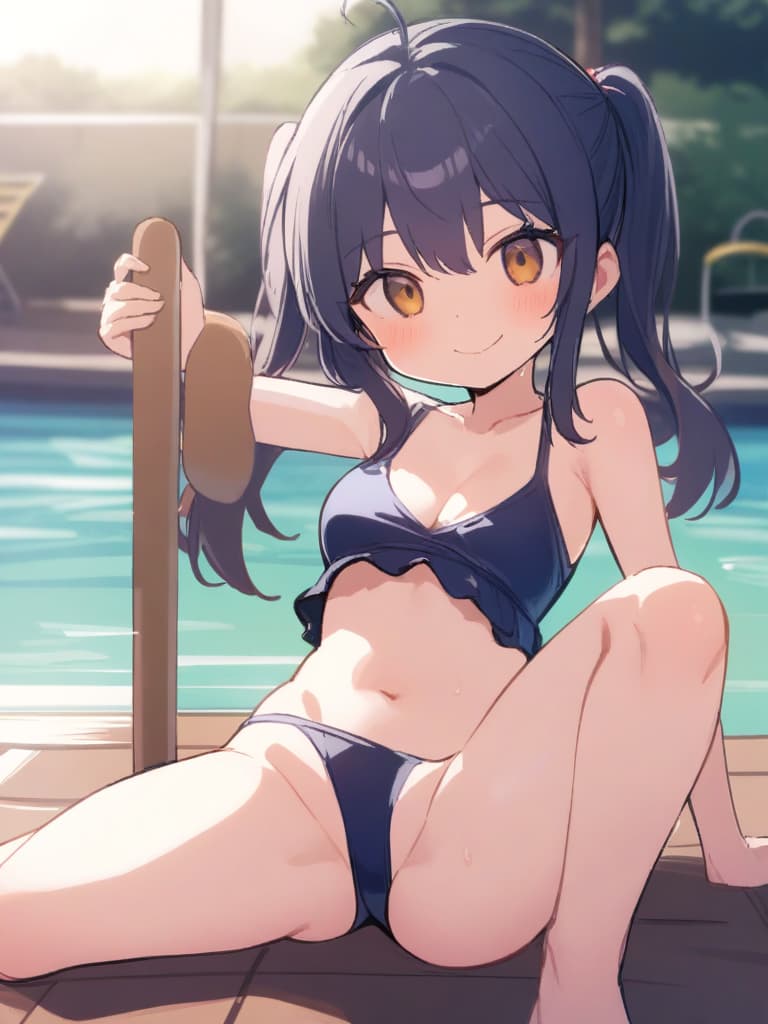  women's elementary students (male), twin tails, cute smiles, (rich s), short stature, dark blue swimwear, old swimwear, , simple, male stick upwards, (bulging), shaped clear , front, whole body, pool side,