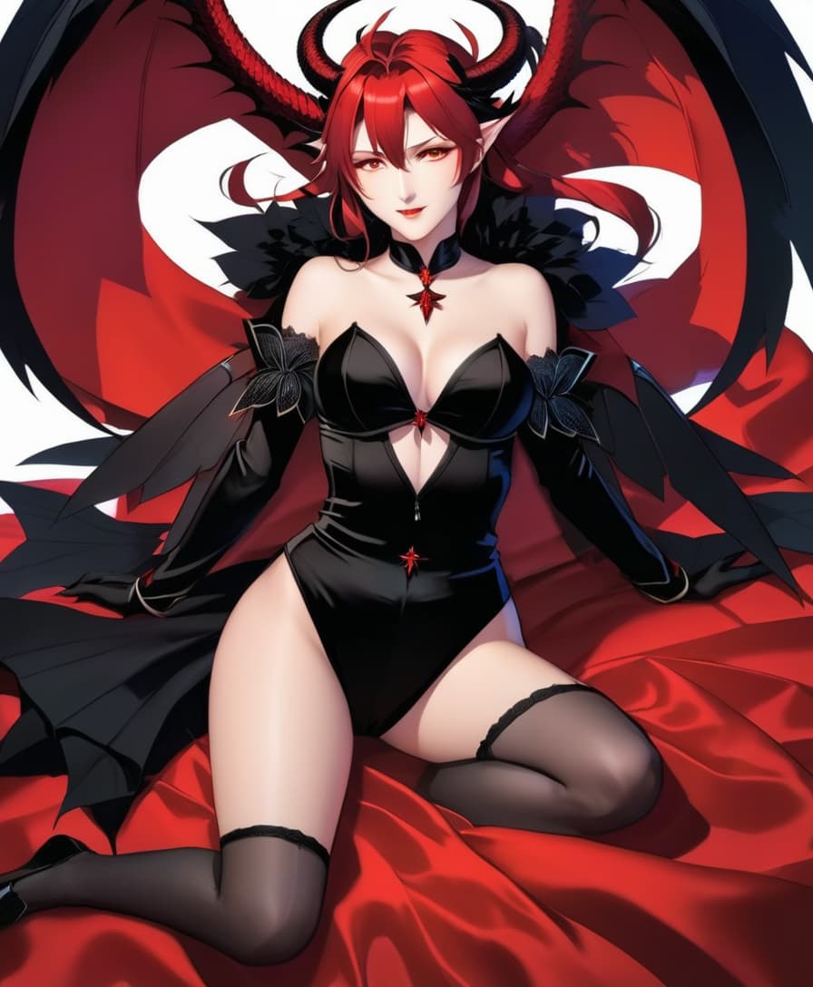  attractive anime girl succubus with small wings, disheveled hairstyle color luminescent red, sensually opened lips, in black satin gloves, bikinis and stockings (lies on his back),