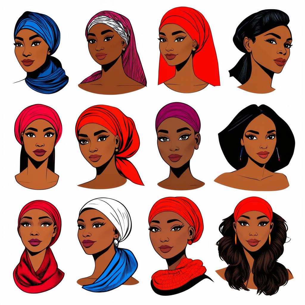  different beauty. set of different female heads in headscarf. different races and nationalities. colored hand drawn illustration {prompt}, maximum details