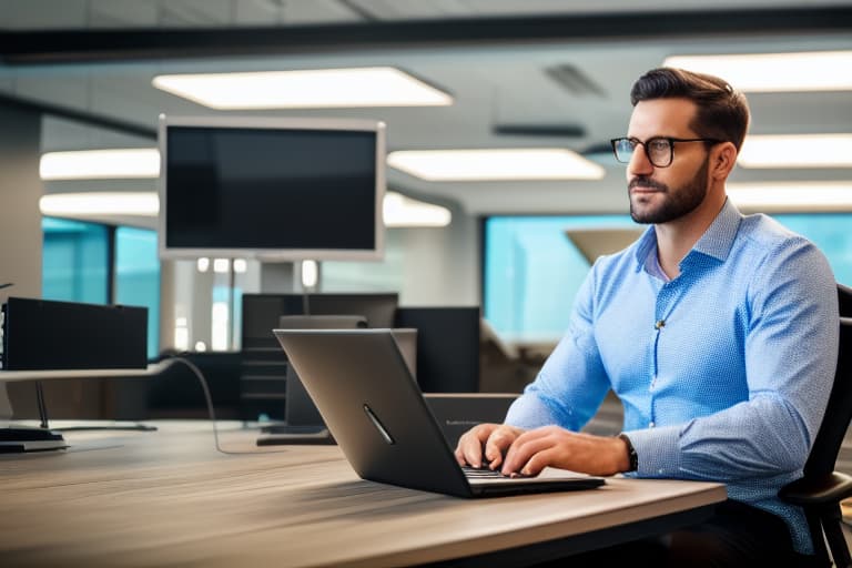  Handsome happy businessman in modern office looking on laptop, realistic, professional shot, sharp focus, 8K, insanely detailed, intricate, elegant, intricate office background