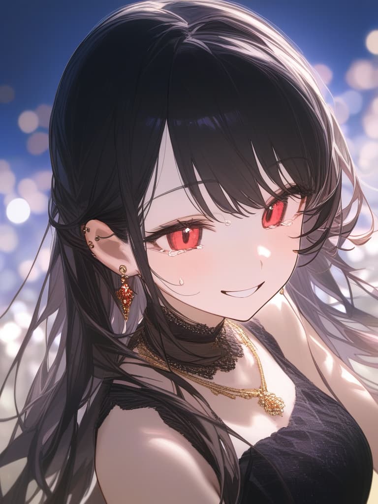  long hair, black hair, hair tips are pink, red eyes, hanging eyes, bangs lengths, smiles, adults, adult faces, piercings, necklaces, black lace clothes, thin makeup, night view, crying smile, hair is pale pink and black, tears, masterpiece, best quality,8k,ultra detailed,high resolution,an extremely delicate and beautiful,hyper detail