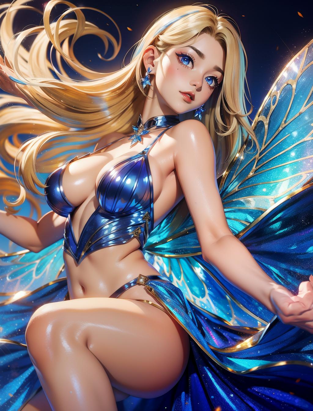  a blue fairy translucent powder glittering blue wings dark blue off the shoulder mini dress honey blonde hair sapphire blue eyes red lips