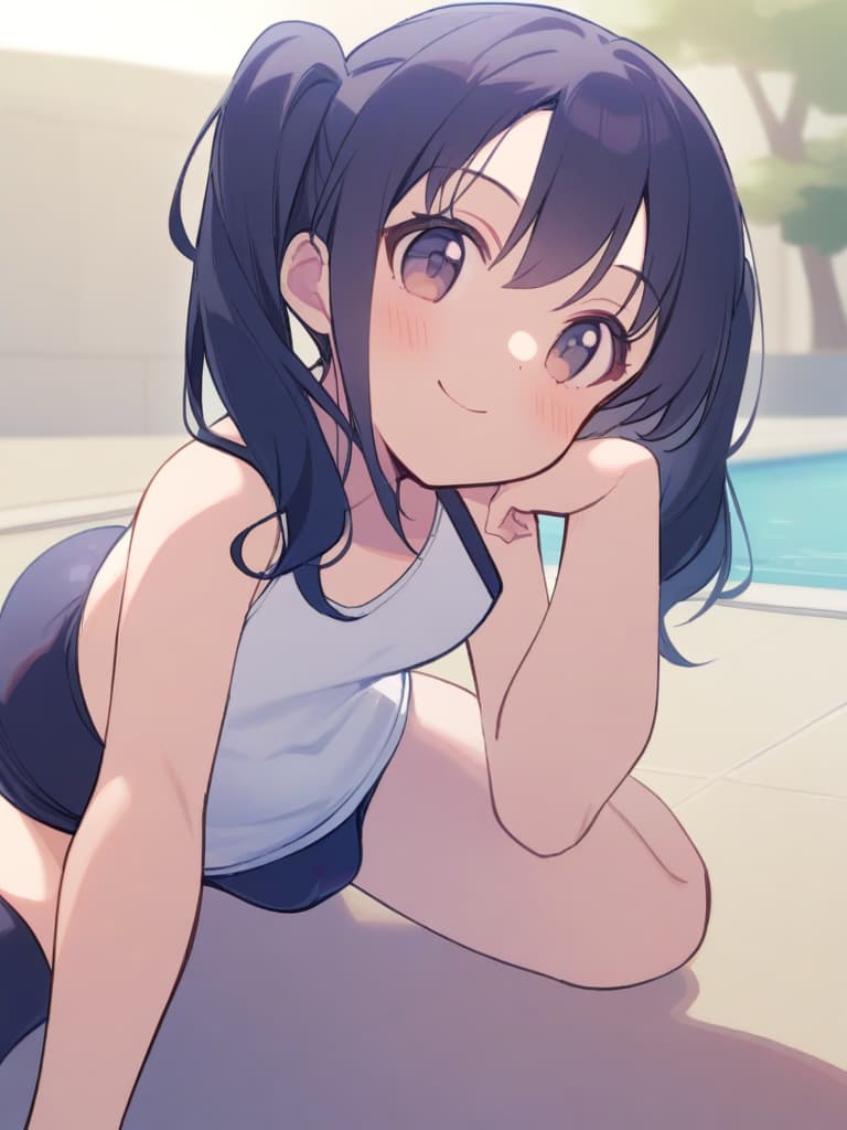  women's elementary students (male), twin tails, cute smiles, (rich s), low stature, dark blue swimwear, old swimwear, , simple (upward), male , (bulge), shaped clear , front , whole body, pool side,