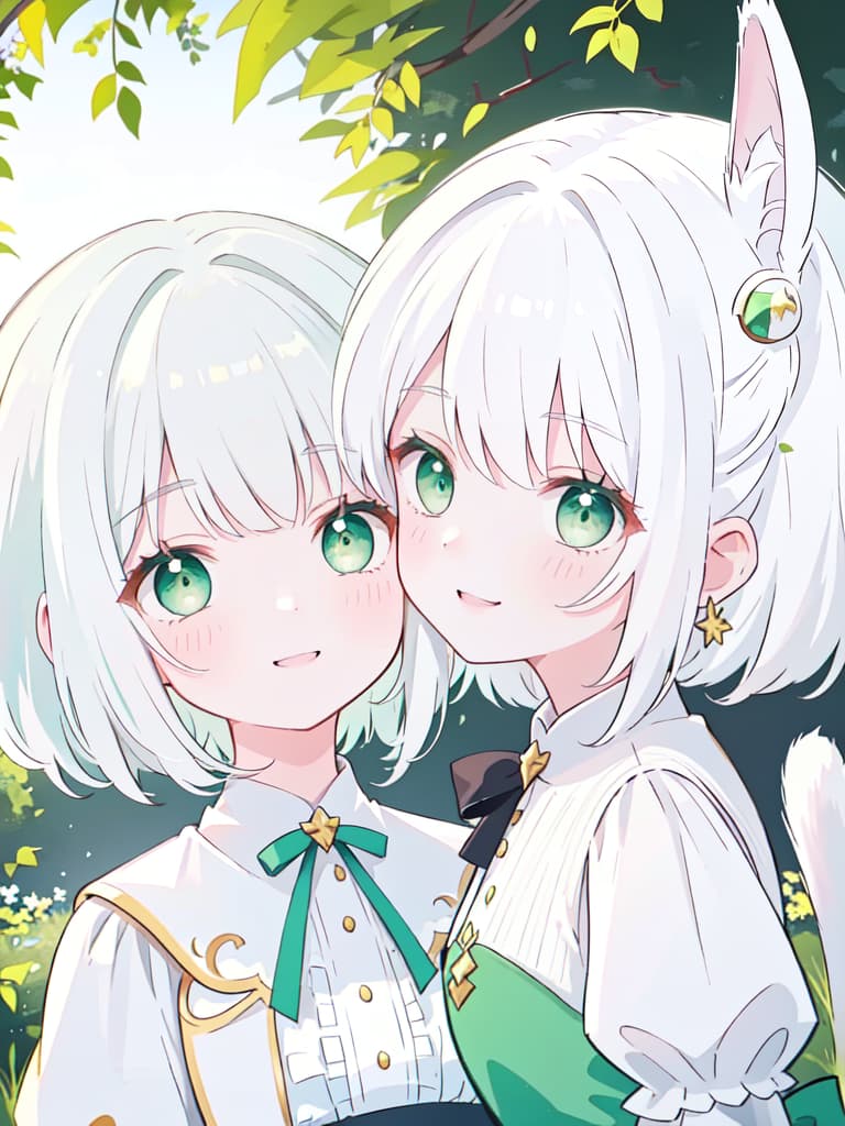  girls, smiles, white hair, round, cat hair, green eyes, bust up, masterpiece, best quality,8k,ultra detailed,high resolution,an extremely delicate and beautiful,hyper detail