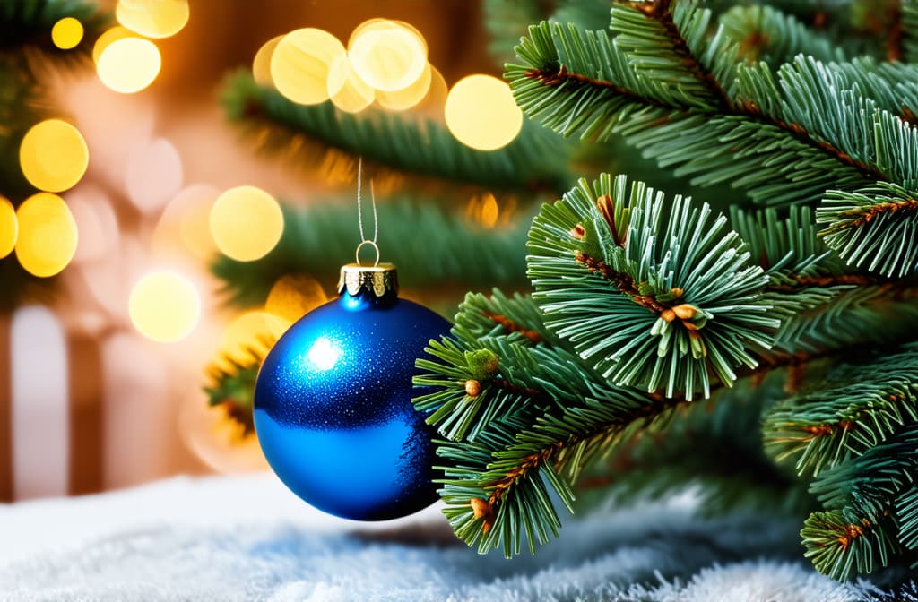  professional detailed photography, christmas tree branch with blue bauble and bokeh lights background ar 3:2, (muted colors, dim colors, soothing tones), (vsco:0.3)