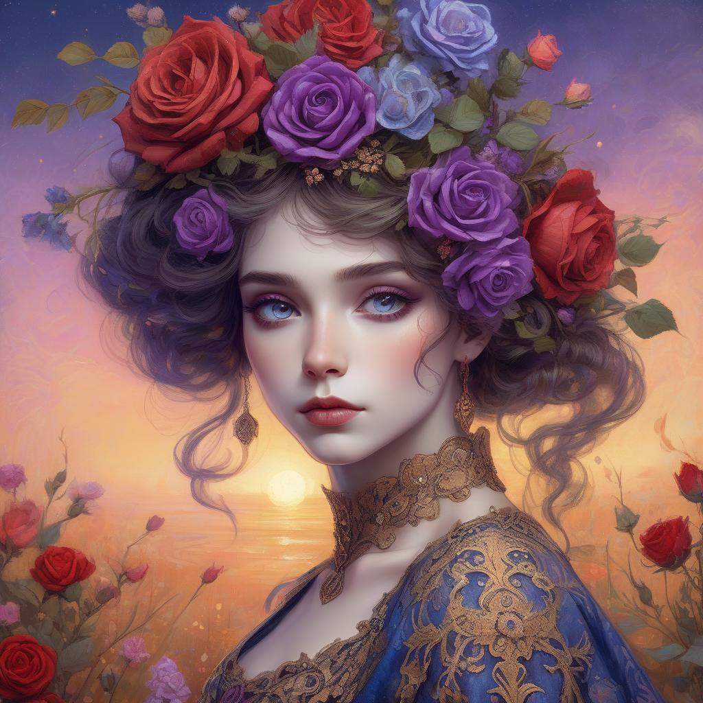  concept art a close up full body portrait of an stylish beautiful woman dressed in klimt style with a beautiful and very detailed face,style of jean baptiste monge, van gogh style, so many kind of flowers ,roses, klimt style. sunset. background, masterpiece, use shades of purple , blue, red and green best quality, super detailed, high resolution, very detailed, 8k uhd, realistic, (natural light), amazing, fine details, best, high quality, raw photo. arte nova. ember filigree and lace. . digital artwork, illustrative, painterly, matte painting, highly detailed