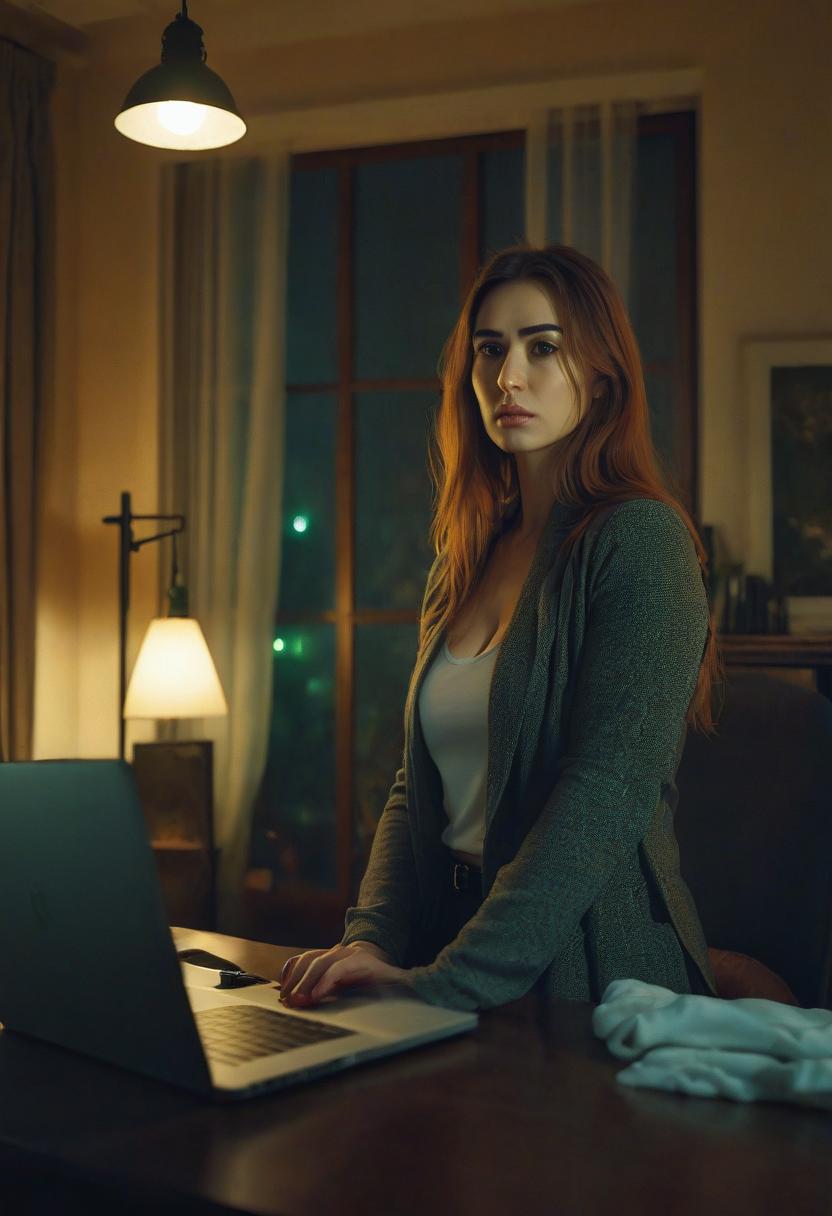  cinematic photo girl. room, night, lamp on laptop, sadness, light . 35mm photograph, film, bokeh, professional, 4k, highly detailed, film photography style hyperrealistic, full body, detailed clothing, highly detailed, cinematic lighting, stunningly beautiful, intricate, sharp focus, f/1. 8, 85mm, (centered image composition), (professionally color graded), ((bright soft diffused light)), volumetric fog, trending on instagram, trending on tumblr, HDR 4K, 8K