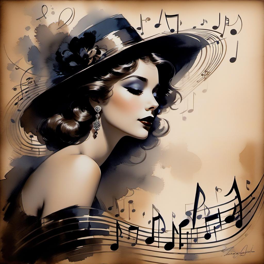  music notes, very beautiful, gouache wash, cinematic, calligraphic lines. rolf armstrong, darkness, eerie, mysterious, modern vintage, rich deep colors, boho style, beautiful patterns, vogue style illustration