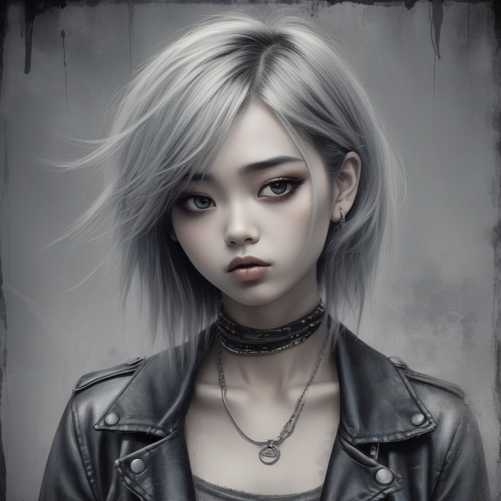  grunge style a talented asian artist proficient in creating exquisite portraits using digital art techniques, showcases a unique style known as digital art wonders. with elements of romantic realism, the artwork features a captivating blend of dark silver and light gray shades. the artist employs airbrush art techniques to create bold and visually striking manga inspired characters. . textured, distressed, vintage, edgy, punk rock vibe, dirty, noisy