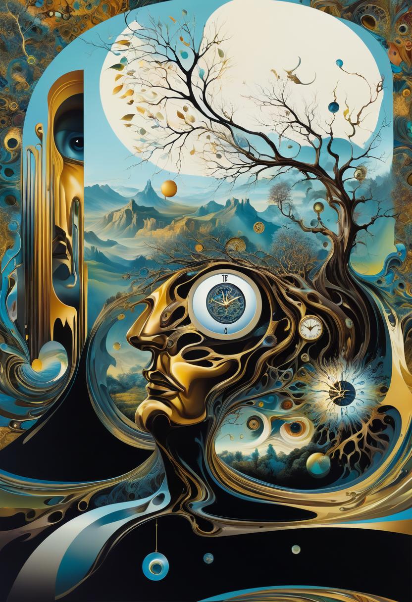  salvador dali inspired psychedelic poster depicting, head, face, eyes open, lens in one eye, back of head turns into branches, psychedelic elements integrating tree of life into surreal, abstract painting, twisted shapes, melting clock, fantasy landscape, vibrant hues, golden ratio composition, ultra fine details, digital painting.