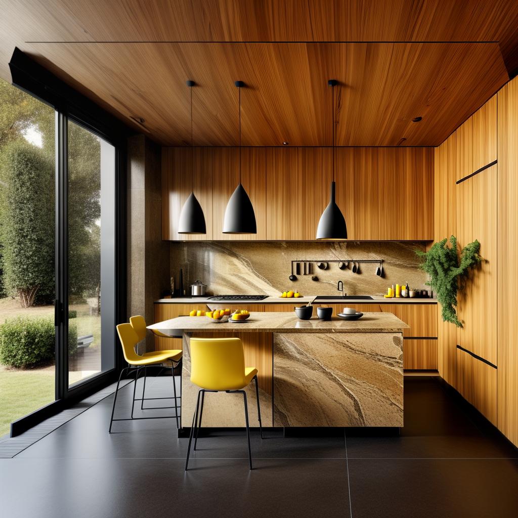  a modern kitchen, dark brown interior, yellow stone floor, best quality, masterpiece