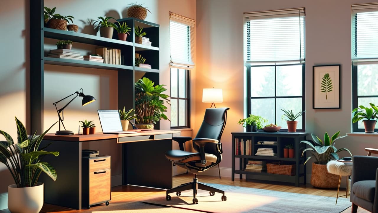  a serene home office featuring a height adjustable desk, ergonomic chair, soft natural lighting, houseplants, and organized shelves, with a laptop and accessories arranged for optimal comfort and productivity, evoking a sense of focus and tranquility. hyperrealistic, full body, detailed clothing, highly detailed, cinematic lighting, stunningly beautiful, intricate, sharp focus, f/1. 8, 85mm, (centered image composition), (professionally color graded), ((bright soft diffused light)), volumetric fog, trending on instagram, trending on tumblr, HDR 4K, 8K