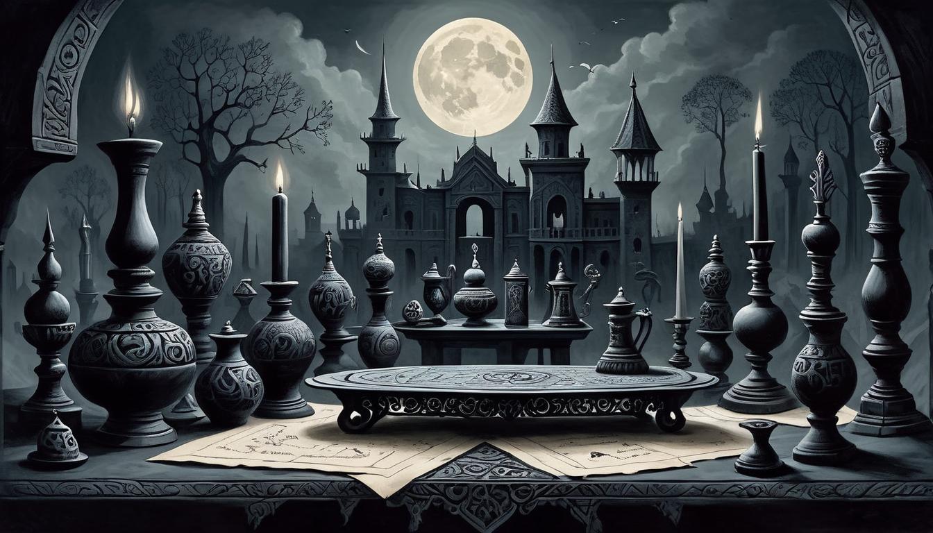  on parchment, surrealism+++, elaborate, dark table set under moonlight, obsidian tones, carved symbols, power, exclusivity, anticipation(mysterious, provocative, symbolic,muted color)+++