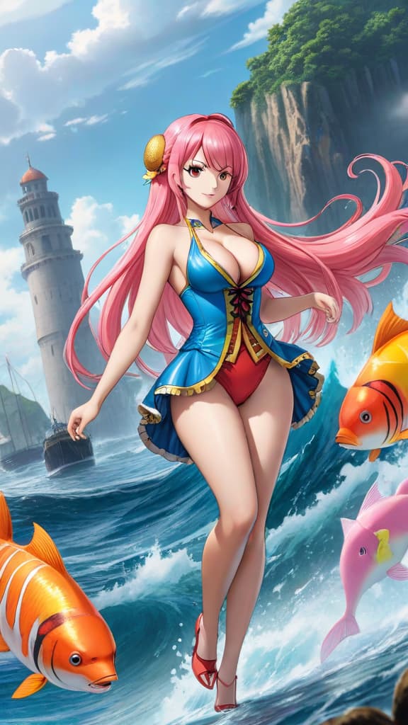  anime art: shirahoshi from one piece with the power to control the seas, determining destruction or protection. hyperrealistic, full body, detailed clothing, highly detailed, cinematic lighting, stunningly beautiful, intricate, sharp focus, f/1. 8, 85mm, (centered image composition), (professionally color graded), ((bright soft diffused light)), volumetric fog, trending on instagram, trending on tumblr, HDR 4K, 8K