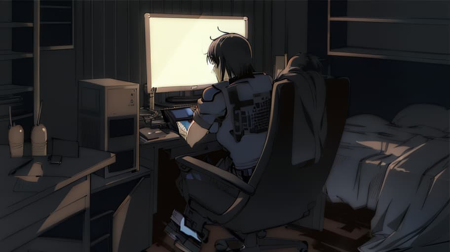  A guy is sitting in front of the monitor at night., Sketch, Manga Sketch, Pencil drawing, Black and White, Manga, Manga style, Low detail, Line art, vector art, Monochromatic, by katsuhiro otomo and masamune shirow and studio ghilibi and yukito kishiro hyperrealistic, full body, detailed clothing, highly detailed, cinematic lighting, stunningly beautiful, intricate, sharp focus, f/1. 8, 85mm, (centered image composition), (professionally color graded), ((bright soft diffused light)), volumetric fog, trending on instagram, trending on tumblr, HDR 4K, 8K