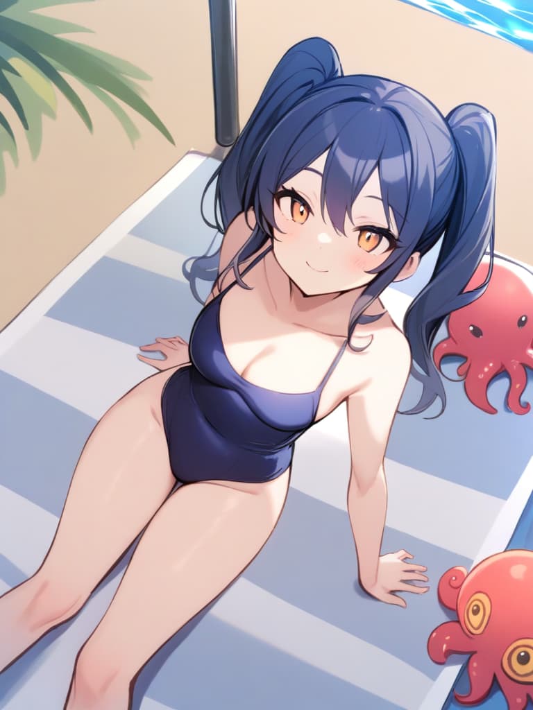  women's elementary students, twin tails, cute smiles, rich s, low stature, dark blue swimwear, old swimwear, swimwear, simple, male, shaped clear area, shaped clear phimosis,, octopus, male bulge , whole body, pool side,