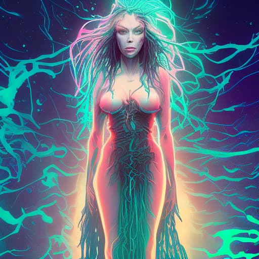 nvinkpunk full body portrait of a dark fantasy sea priestess, eerie and beautiful, standing in an underwater setting. she has pale skin, glowing blue eyes, and long, flowing silver hair. she is adorned in flowing, decayed seaweed robes and a coral crown with glowing blue gems. her hands hold a staff made of bone and coral, with faint bioluminescent glow surrounding her. the water around her is dark, with coral formations and mysterious shadows looming in the background. (unnaturally long limbs, twisted fingers, slightly deformed features), bad anatomy, haunting presence, otherworldly, 8k detail, soft lighting