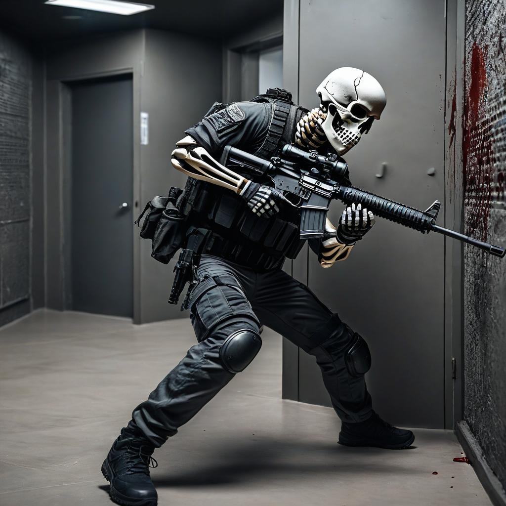  extremely realistic skeleton doing cqb in a corner fed room whit an ar 15 doing a dynamic entry into a center fed room and covered in blood and with sharp teeth