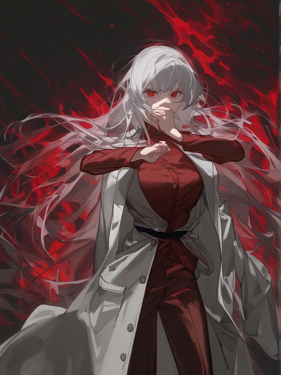  create for me a character with anime manga art. a woman with long, frayed silver hair, which even covers her face. she has deep, lifeless red eyes resembling wine. she wears dark dress pants. a red dress shirt with buttons on its front seam, two thin belts under its bust. a light gray lab coat on the shoulders. she walks around with two katanas around her waist. she´s in combat pose. darker theme, dark background, alot of blood . best quality, high resolution