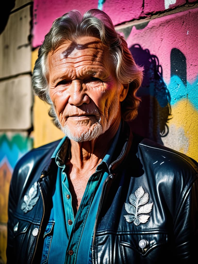  A portrait of Country singer, Kris Kristofferson, medium shot, upper body, spotlight, long exposure lighting, street art style spray paint, glamour lighting