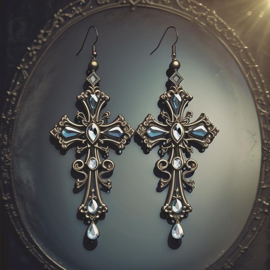  gothic style prompt: earrings in the shape of a cross adorned with teardrop crystals, elegant jewelry design, high detail, macro shot, soft lighting, luxurious, digital art, photorealistic, gem reflections, intricate patterns, high quality negative prompt: low detail, poorly rendered, unrealistic, flat colors, blurry, misshapen objects, cheap materials . dark, mysterious, haunting, dramatic, ornate, detailed