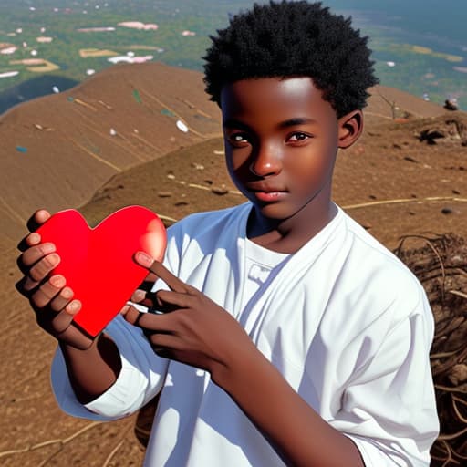  Fair skin Ghanaian boy holding a heart in his hands on a mountain