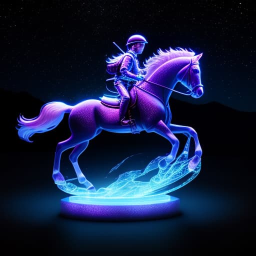  Allien e on horse with stick in look me. 4K 3D Her eyes are blue and her is shiny glass. 3D 4K uhd Realistic marblelight shine light spread art glass parts on sky)