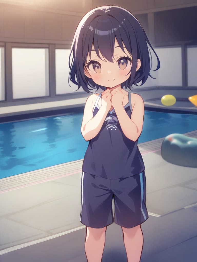  elementary students, s, transveses, short stages, old swimwear (dark blue old ), clear (clear swelling, chinchin), cute smile face, short hair, whole body, pool, pool,