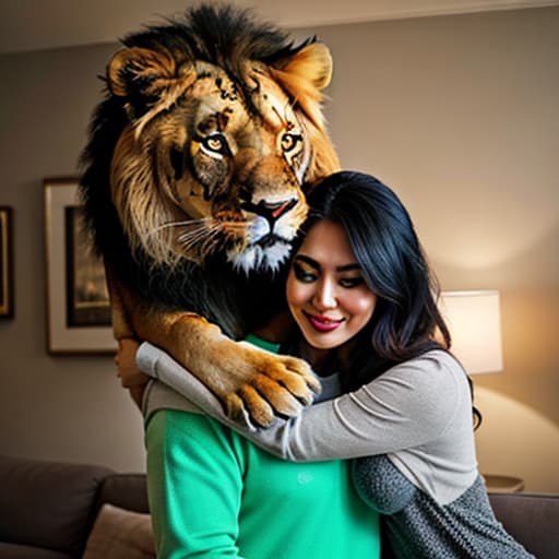  a big cat hugs a cute girl in the living room,pokemon,lion hyperrealistic, full body, detailed clothing, highly detailed, cinematic lighting, stunningly beautiful, intricate, sharp focus, f/1. 8, 85mm, (centered image composition), (professionally color graded), ((bright soft diffused light)), volumetric fog, trending on instagram, trending on tumblr, HDR 4K, 8K